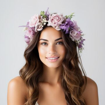 Portrait of a young beautiful girl in a lilac wreath on a gray background.