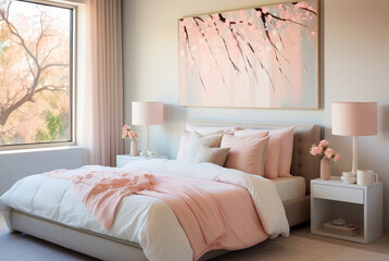 Pink and White Modern Bedroom with Cherry Blossoms.