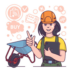 Female builder in helmet ordering instruments. Shopping via modern gadgets. Order and buying different instruments for work. Flat vector illustration in cartoon style