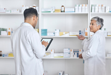 Pharmacy team, tablet and people collaboration on retail product, package shelf or medical...