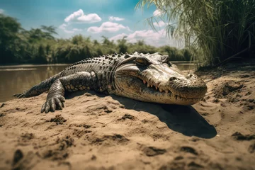Rucksack crocodile on a shore of a lake © purich