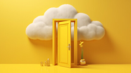 yellow cloud room empty abstract cylinder minimal showcase pedestal stage. Generative AI.