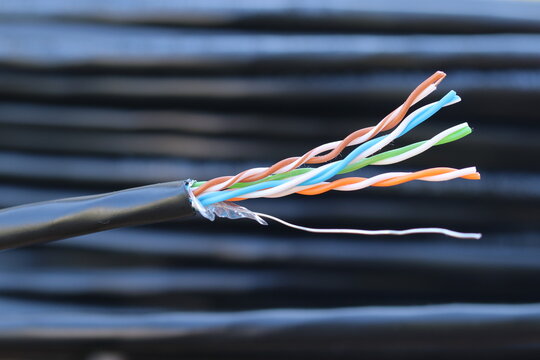 Symmetrical cable. Twisted wires in cable. This cable is used to connect computers to a network.