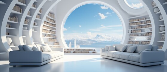 Futuristic white Library room, sci-fi room looking out to an landscape. Empty space.