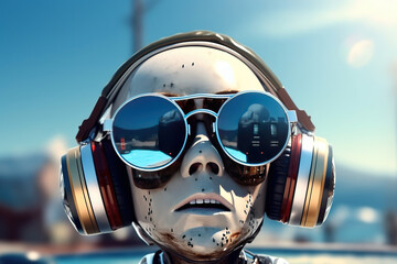 Robot in headphones and sunglasses listens to music