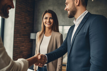 Couple shaking hands with a real estate agent after purchasing a home - obrazy, fototapety, plakaty
