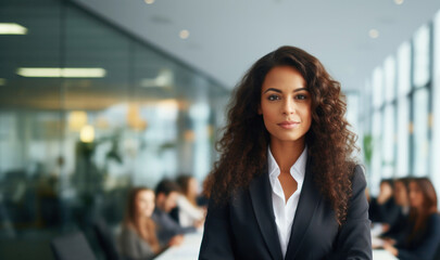 Naklejka premium Woman CEO with dark hairs confidently leading a diverse boardroom meeting in office