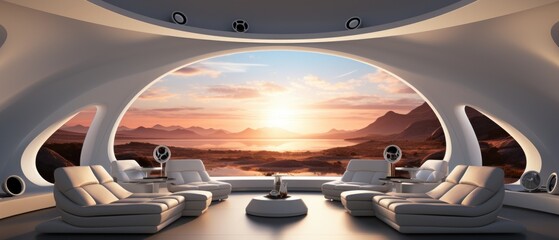 Futuristic white Media room, sci-fi room looking out to an landscape. Big sofa.