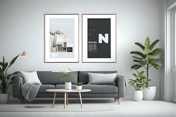 Two blank vertical poster frame mock up in scandinavian style living room interior. Stylish living room interior background, tropical plants and cozy sofa