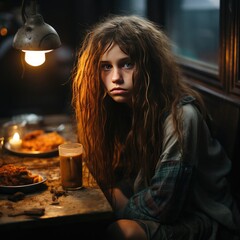 Poor sad teenaged girl with uncombed long hair in dirty clothes is sitting at table having meal, eating food, drinking