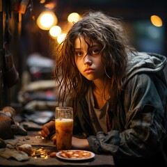 Poor sad teenaged kid girl with uncombed long hair in dirty clothes, homeless beggar is sitting at table having meal, eating food, drinking
