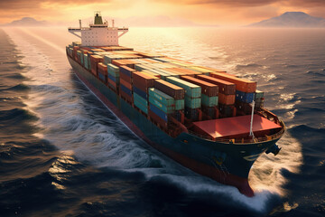Container ship loaded carrying shipping containers in the sea - obrazy, fototapety, plakaty