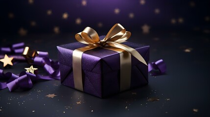 Dark Purple Gift Box in front of a dark Background with Copy Space. Festive Template for Holidays and Celebrations
