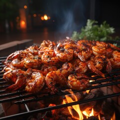 Grilled spicy Prawns Shrimps with lemon and cilantro on dark fire kitchen background