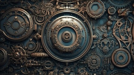 steampunk, backgrounds, industrial, vintage, retro, gears, machinery, clockwork, Victorian, technology, gears and cogs, mechanical, grunge, steam-powered, fantasy, industrial generative ai - obrazy, fototapety, plakaty