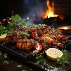 Grilled spicy Prawns Shrimps with lemon and cilantro on dark fire kitchen background