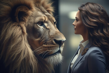 Business Woman and and old lion, face to face