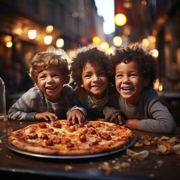 Three happy smiling, laughing interracial kids, boys eats fresh pizza, meal, holding with hands during party on street, city feast outside