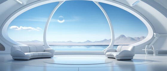 Minimalist white living room in a futuristic setting, featuring a spacious sofa and breathtaking views of a sci-fi world