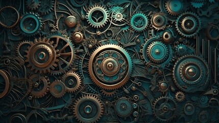 steampunk, backgrounds, industrial, vintage, retro, gears, machinery, clockwork, Victorian, technology, gears and cogs, mechanical, grunge, steam-powered, fantasy, industrial generative ai