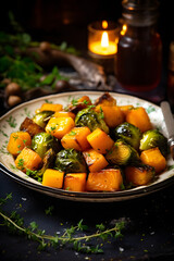 Generative Ai – A plate of caramelized butternut squash and Brussels sprouts, autumn dish