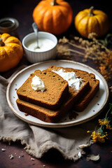 Fototapeta na wymiar Generative Ai – A plate of pumpkin bread with a dollop of whipped cream and a sprinkle of nutmeg, pumpkin decorations
