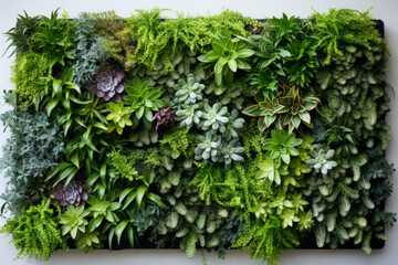 Obraz premium living wall tropical green plants background. Vertical garden