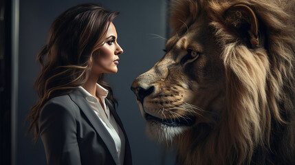 Business Woman and and old lion, face to face