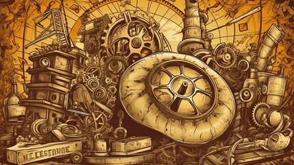 Naklejka premium steampunk, backgrounds, industrial, vintage, retro, gears, machinery, clockwork, Victorian, technology, gears and cogs, mechanical, grunge, steam-powered, fantasy, industrial generative ai