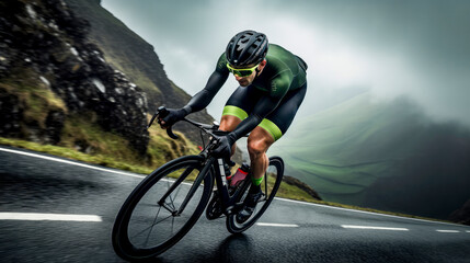 man riding a road bike on a mountain road on a cloudy day - obrazy, fototapety, plakaty