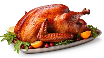 Thanksgiving roasted crispy turkey with rosemary herbs and lemon , isolated on white background