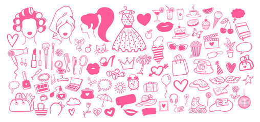 Fototapeta na wymiar Vector illustration collection of beauty and fashion isolated pink doodles