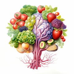 AI generated illustration of creative illustration of the human brain with vegetables and fruits