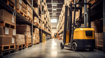 A modern warehouse with shelves filled with boxes, and a forklift standing by