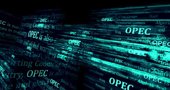 OPEC Organization Petroleum Exporting Countries oil producing export association headline across media. Abstract concept of news titles on noise displays loop. TV glitch effect seamless looped.