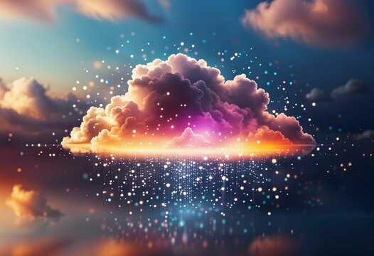 AI generated illustration of a bright cloud highlighted by a circuit pattern with small dots