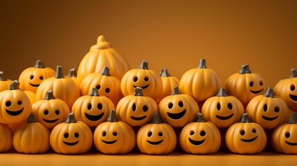 AI generated illustration of a brightly-colored assortment of orange pumpkins with carved faces - obrazy, fototapety, plakaty