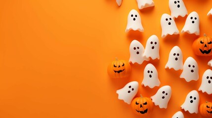 AI generated illustration of an array of Halloween-themed ghosts and pumpkins on an orange backdrop