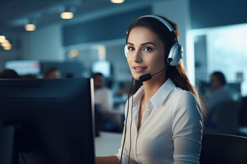 Professional call manager, young woman at the computer desk, in a white shirt in office, wearing a headset for calling.  - obrazy, fototapety, plakaty
