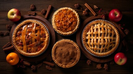 Fototapeta na wymiar AI generated illustration of delicious pies freshly baked on a wooden table