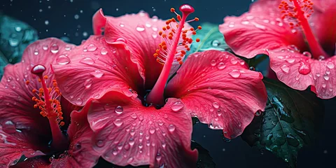 Schilderijen op glas close-up hibiscus with drops water wallpaper. © Lidok_L