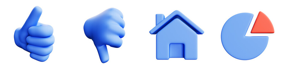 Set of 3D icons, thumbs up, thumbs down, house, diagram. Isolated on transparent background. 3D illustration
