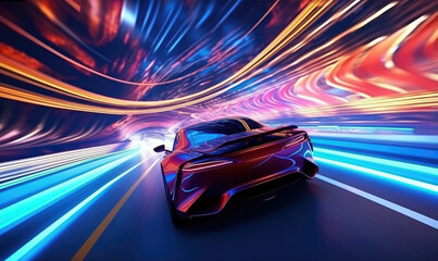 Futuristic car speeding through neon-lit tunnel.