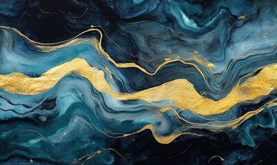 Texture of black marble stone. Spreading paint out wallpaper and golden flow.