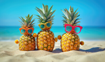 Background of pineapple with sunglass. Beach holidays on island. For postcard, book illustration.