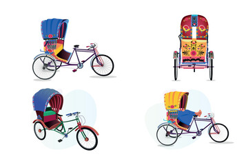 Set of colorful rickshaw illustrations Bangladeshi Rickshaw art Tri cycle of Dhaka city