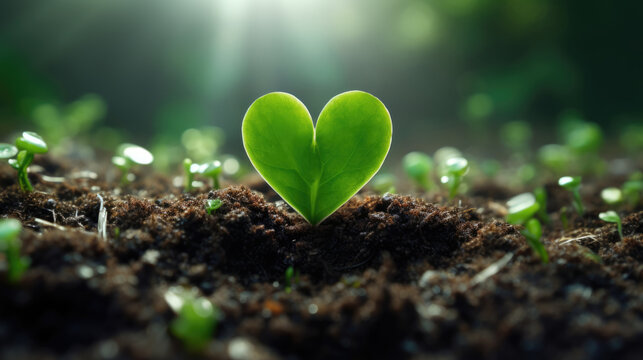 Plant growing out of a heart shaped soil with bokeh background.