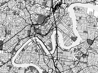Greyscale vector city map of  Brisbane center in Australia with with water, fields and parks, and roads on a white background.