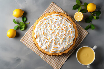 Top view of Yummy lemon meringue pie on a table with fresh lemons, rustic style, copy space. 