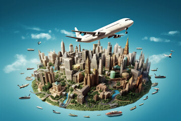 map city global travel earth globe illustration concept europa plane. Generative AI. - obrazy, fototapety, plakaty
